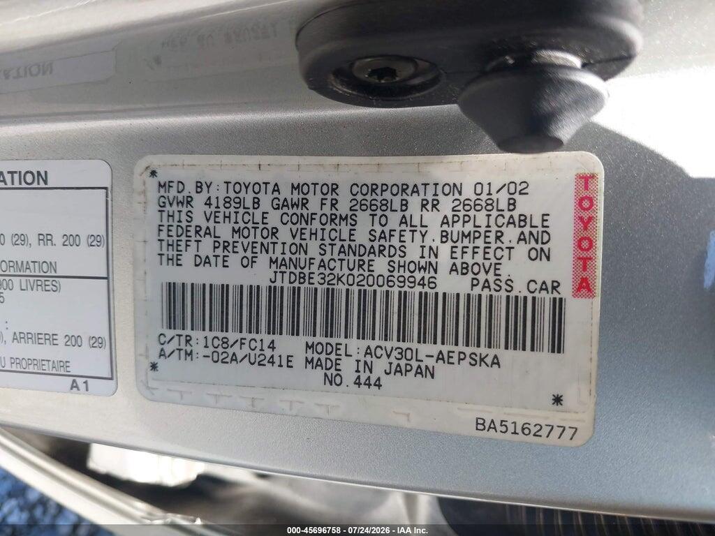 JTDBE32K020069946 2002 TOYOTA CAMRY photo no. 9