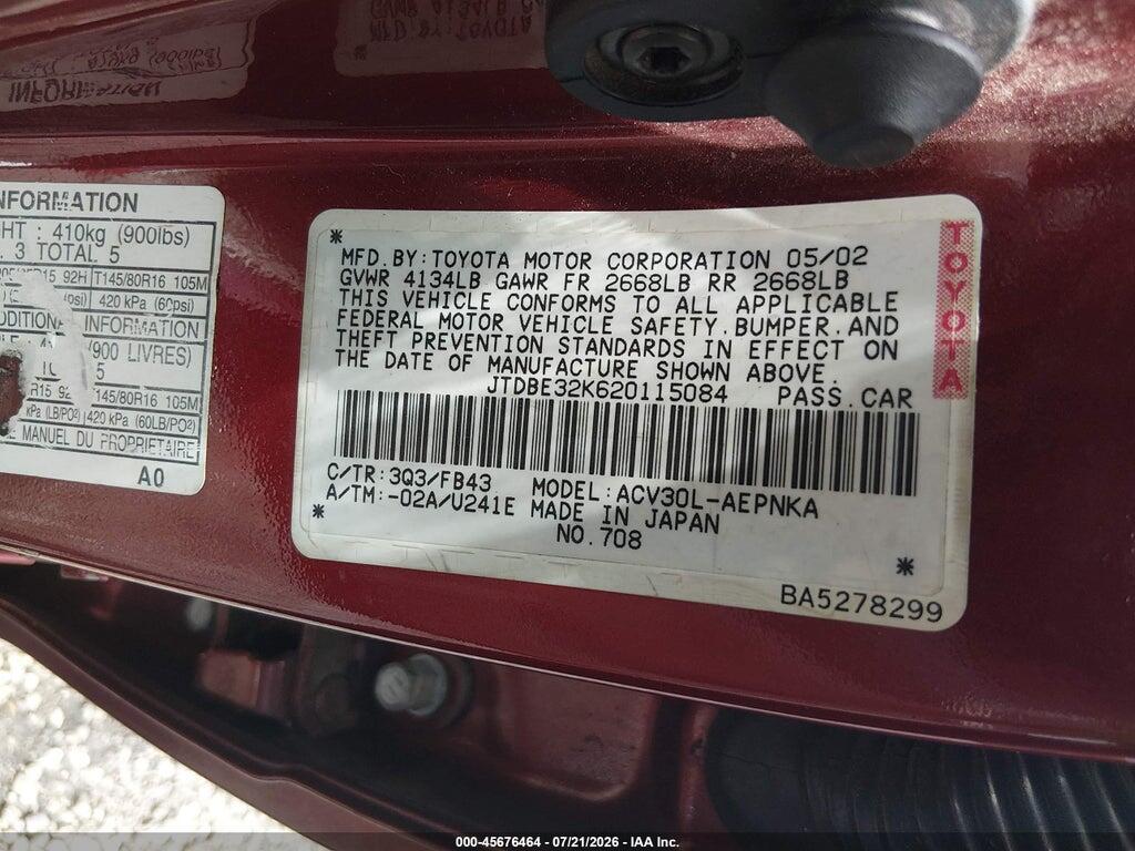 JTDBE32K620115084 2002 TOYOTA CAMRY photo no. 9
