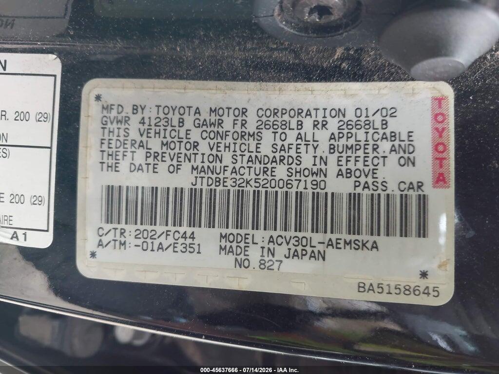 JTDBE32K520067190 2002 TOYOTA CAMRY photo no. 9