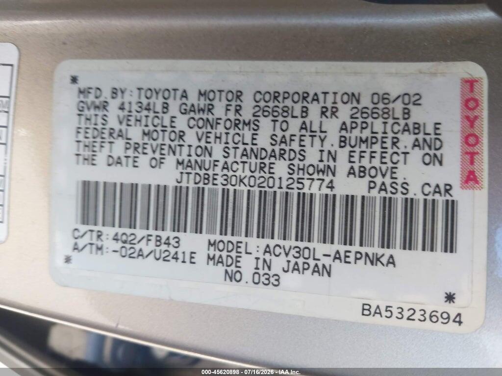 JTDBE30K020125774 2002 TOYOTA CAMRY photo no. 9