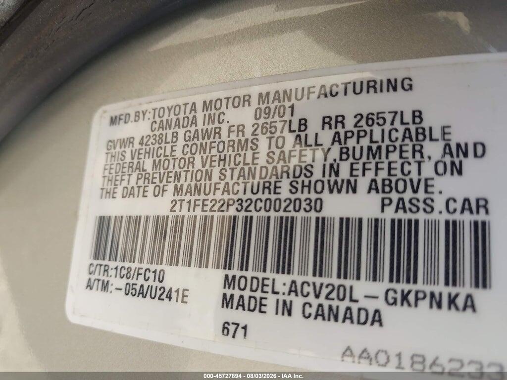 2T1FE22P32C002030 2002 TOYOTA CAMRY SOLARA photo no. 9