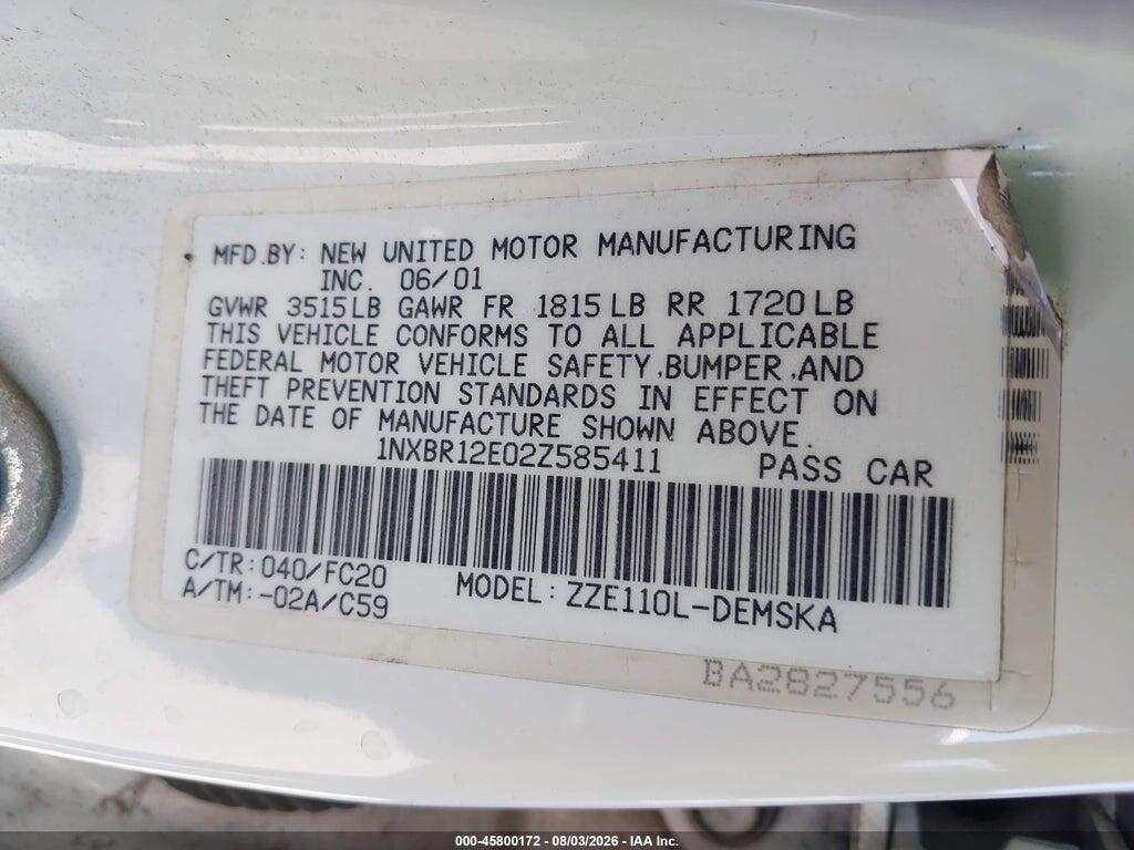 1NXBR12E02Z585411 2002 TOYOTA COROLLA photo no. 9