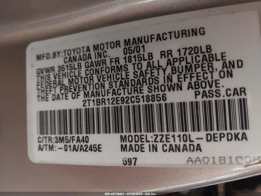 2T1BR12E92C518856 2002 TOYOTA COROLLA photo no. 9
