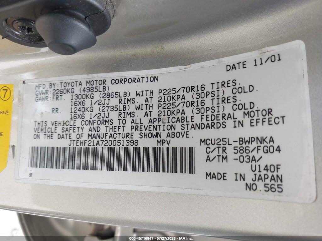 JTEHF21A720051398 2002 TOYOTA HIGHLANDER photo no. 9