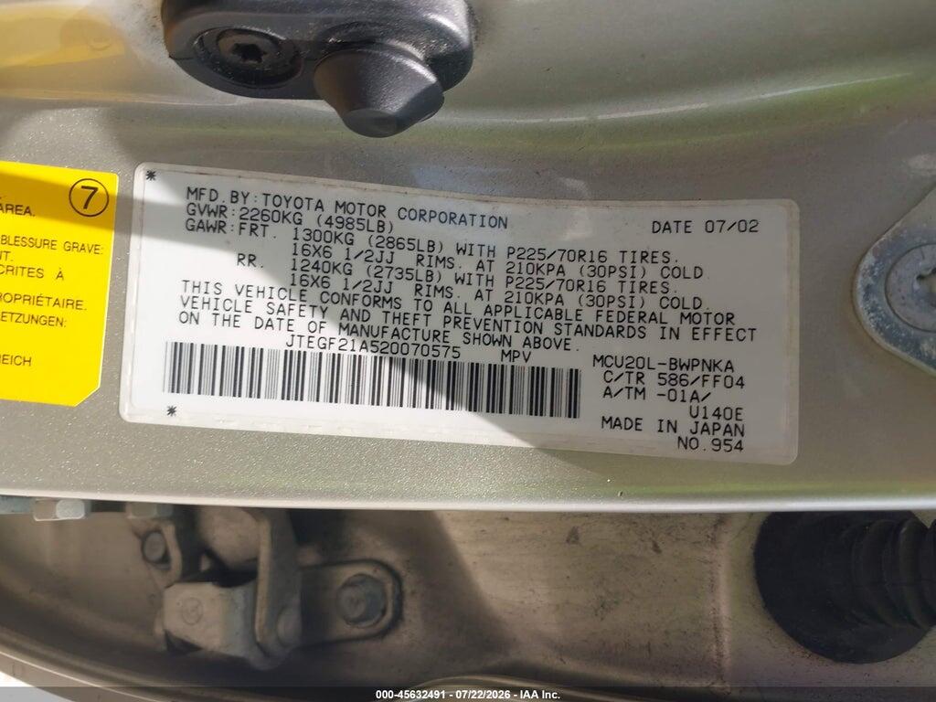JTEGF21A520070575 2002 TOYOTA HIGHLANDER photo no. 9