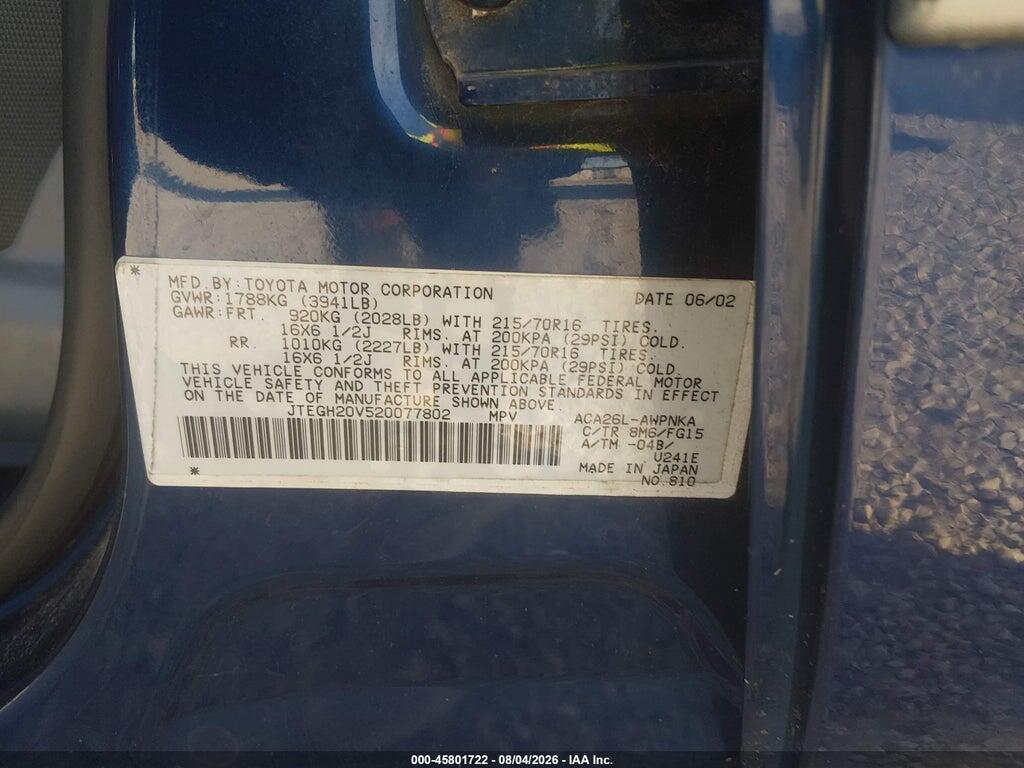JTEGH20V520077802 2002 TOYOTA RAV4 photo no. 9