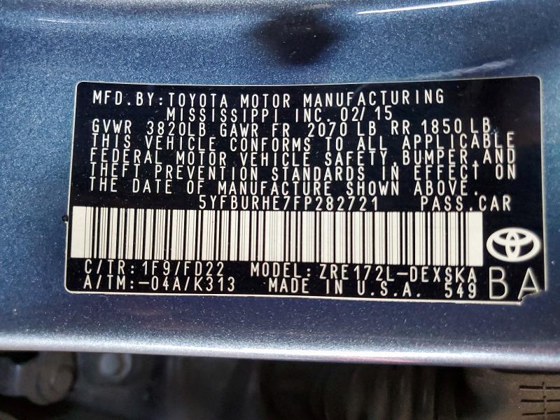 5YFBURHE7FP282721 2015 TOYOTA COROLLA photo no. 12