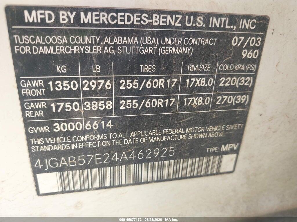4JGAB57E24A462925 2004 MERCEDES-BENZ ML 350 photo no. 9