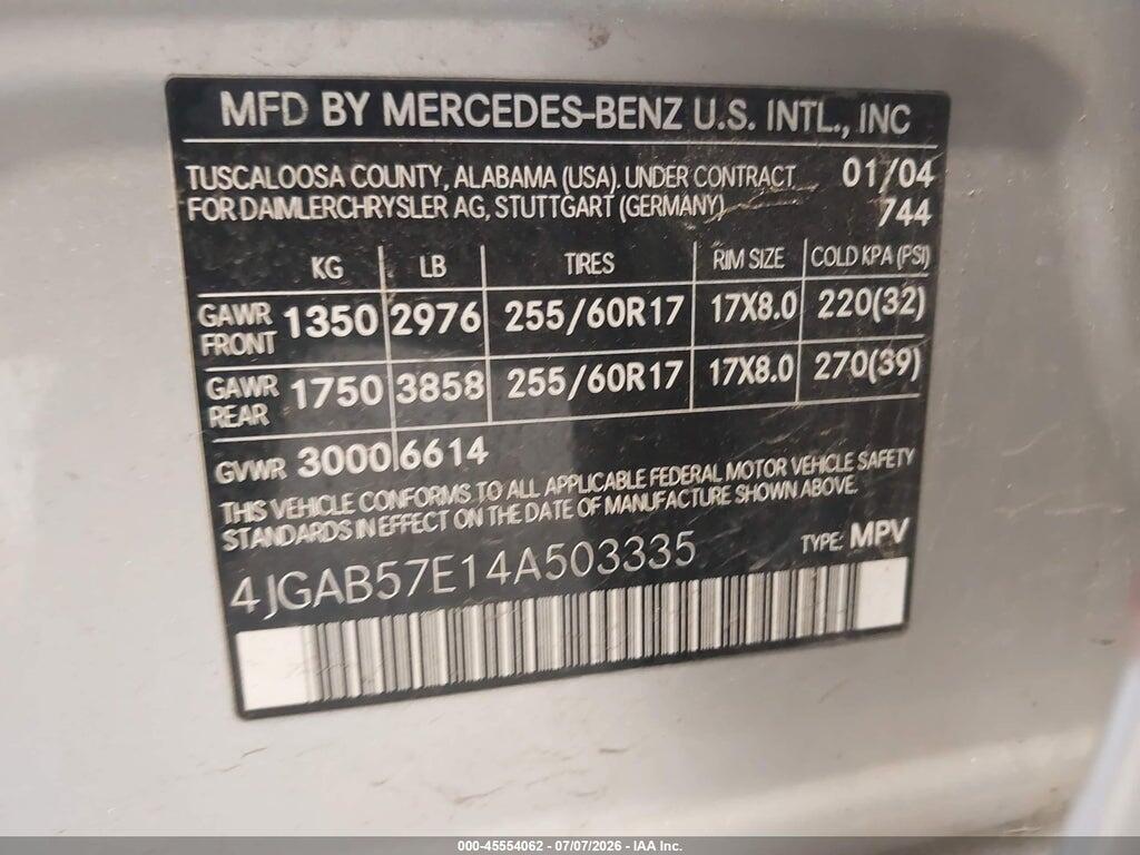 4JGAB57E14A503335 2004 MERCEDES-BENZ ML 350 photo no. 9