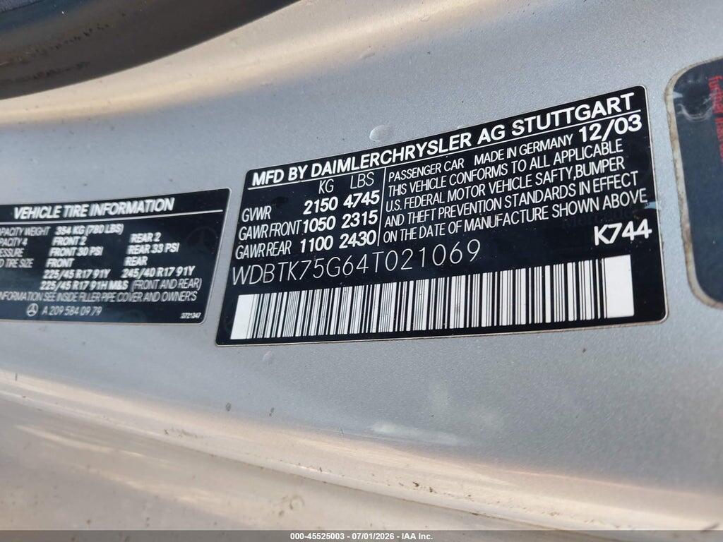 WDBTK75G64T021069 2004 MERCEDES-BENZ CLK photo no. 9