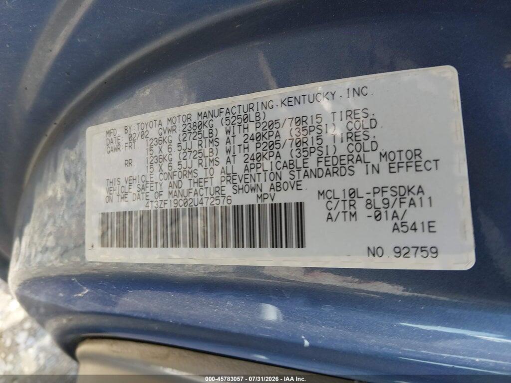 4T3ZF19C02U472576 2002 TOYOTA SIENNA photo no. 9