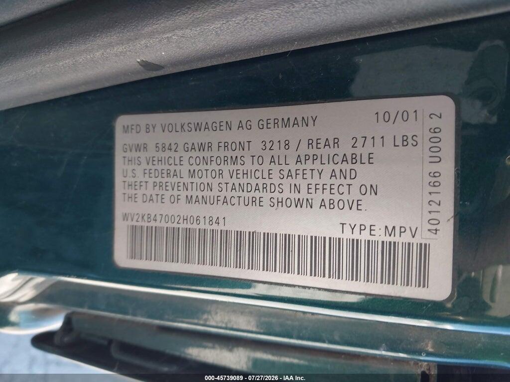 WV2KB47002H061841 2002 VOLKSWAGEN EUROVAN photo no. 9