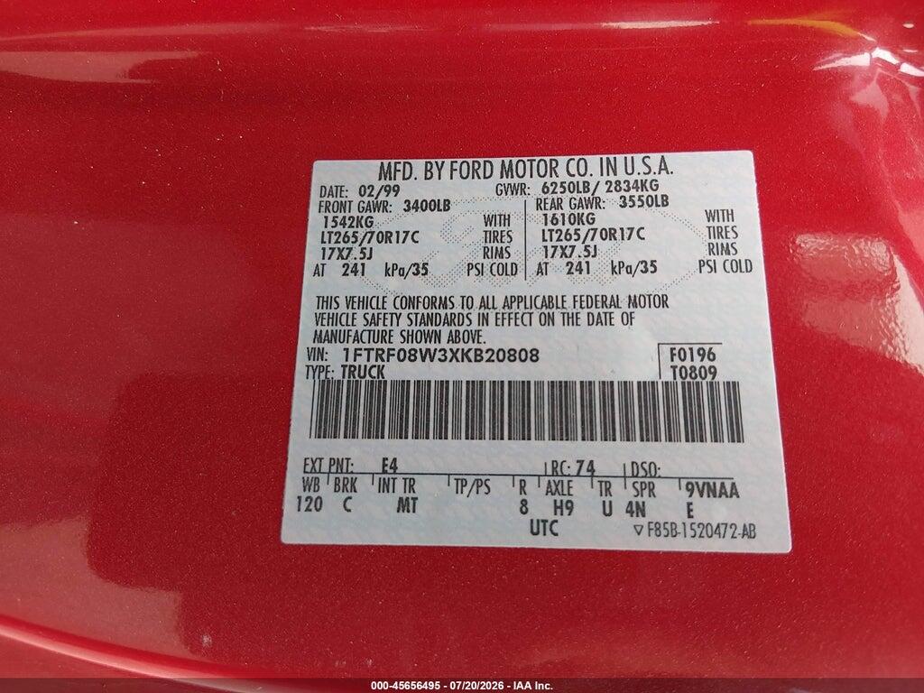 1FTRF08W3XKB20808 1999 FORD F-150 photo no. 9