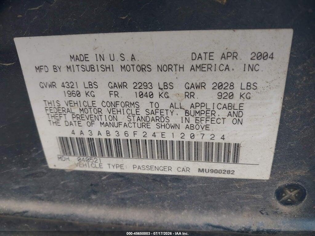 4A3AB36F24E120724 2004 MITSUBISHI GALANT photo no. 9