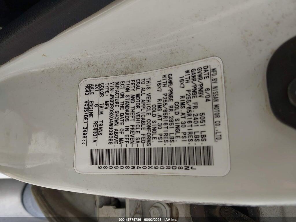 JN8DR09X04W809089 2004 NISSAN PATHFINDER photo no. 9