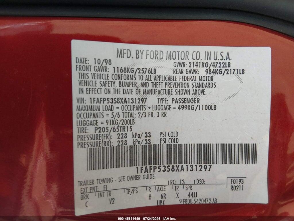 1FAFP53S8XA131297 1999 FORD TAURUS photo no. 9