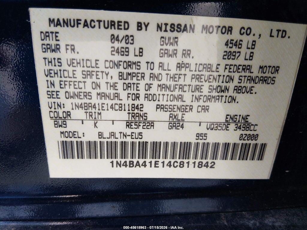 1N4BA41E14C811842 2004 NISSAN MAXIMA photo no. 9