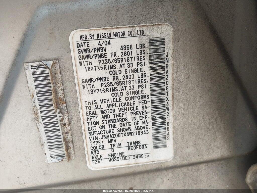 JN8AZ08TX4W216843 2004 NISSAN MURANO photo no. 9