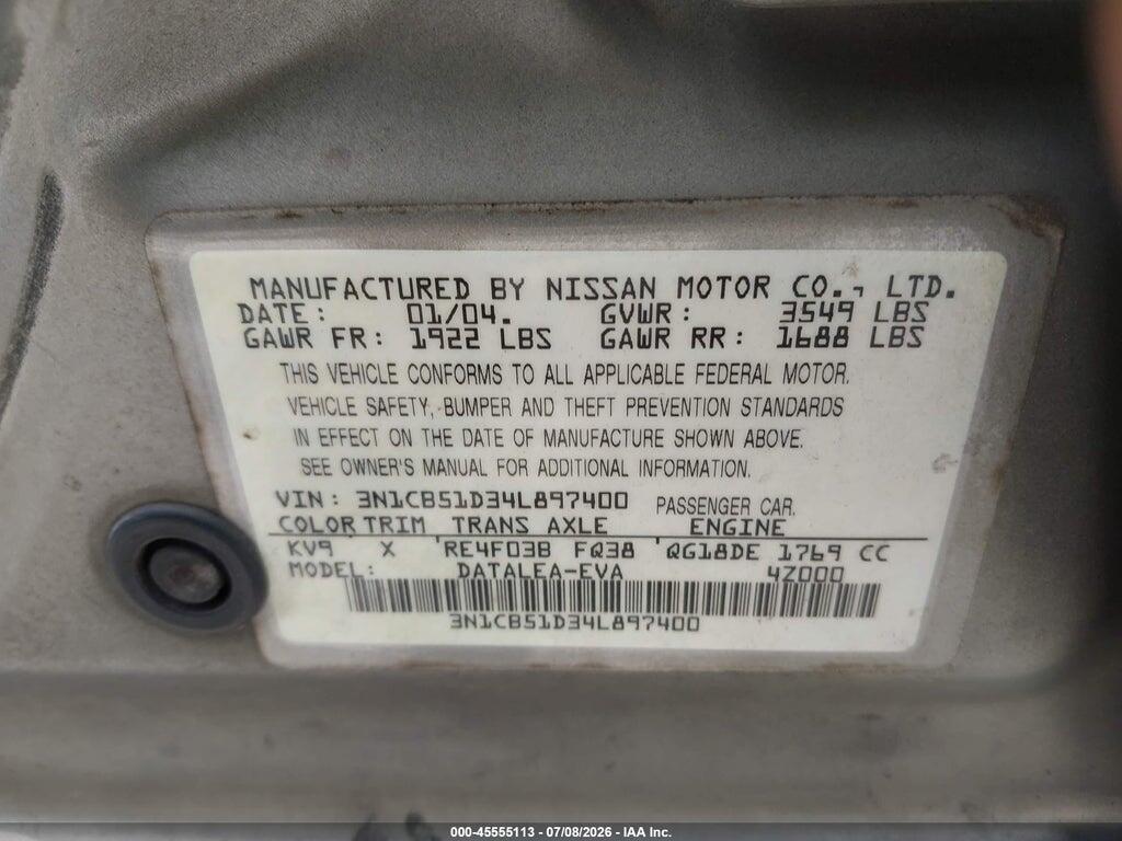3N1CB51D34L897400 2004 NISSAN SENTRA photo no. 9