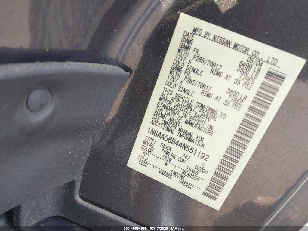 1N6AA06B44N551192 2004 NISSAN TITAN photo no. 9