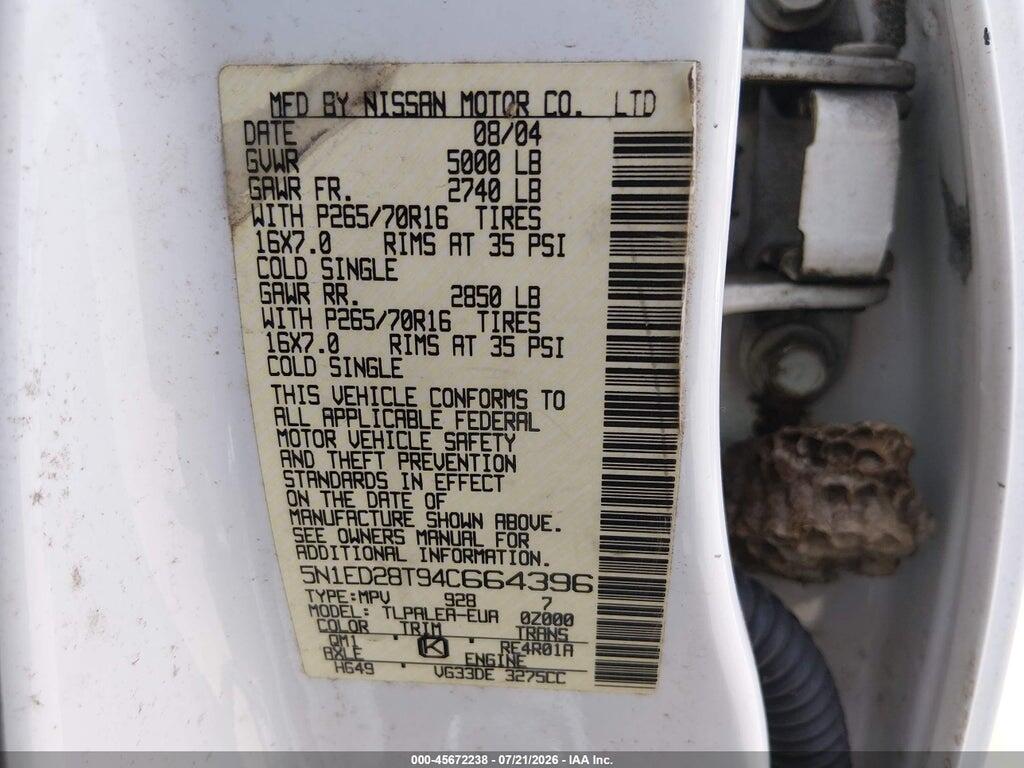 5N1ED28T94C664396 2004 NISSAN XTERRA photo no. 9