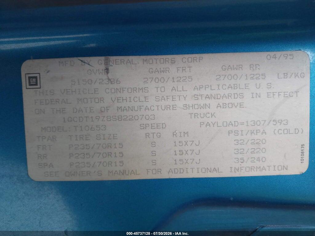 1GCDT19Z8S8220703 1995 CHEVROLET S TRUCK photo no. 9