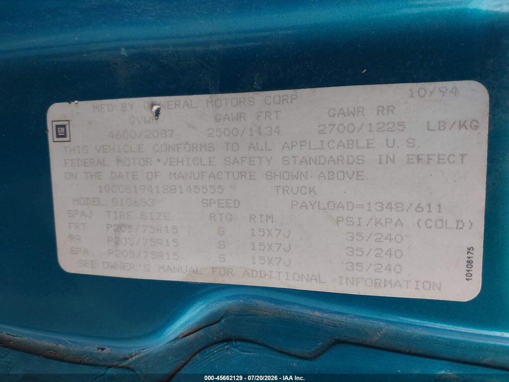 1GCCS1941S8145555 1995 CHEVROLET S TRUCK photo no. 9