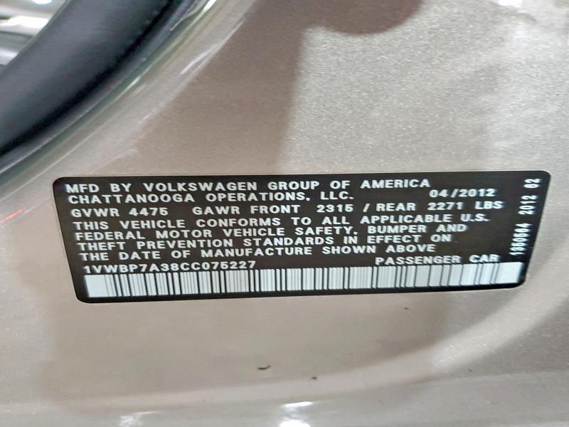 1VWBP7A38CC075227 2012 VOLKSWAGEN PASSAT photo no. 12
