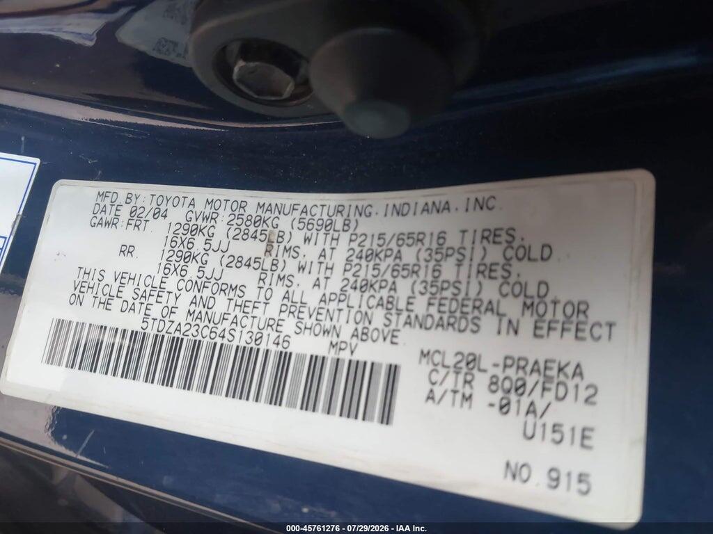 5TDZA23C64S130146 2004 TOYOTA SIENNA photo no. 9