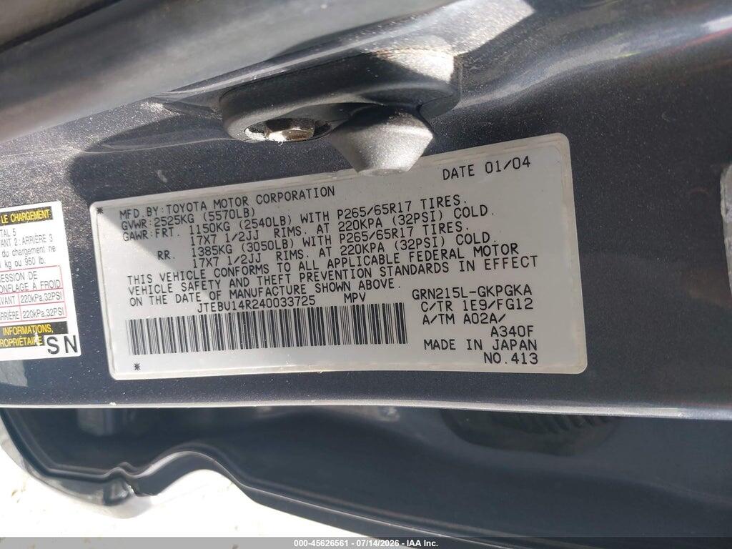 JTEBU14R240033725 2004 TOYOTA 4RUNNER photo no. 9