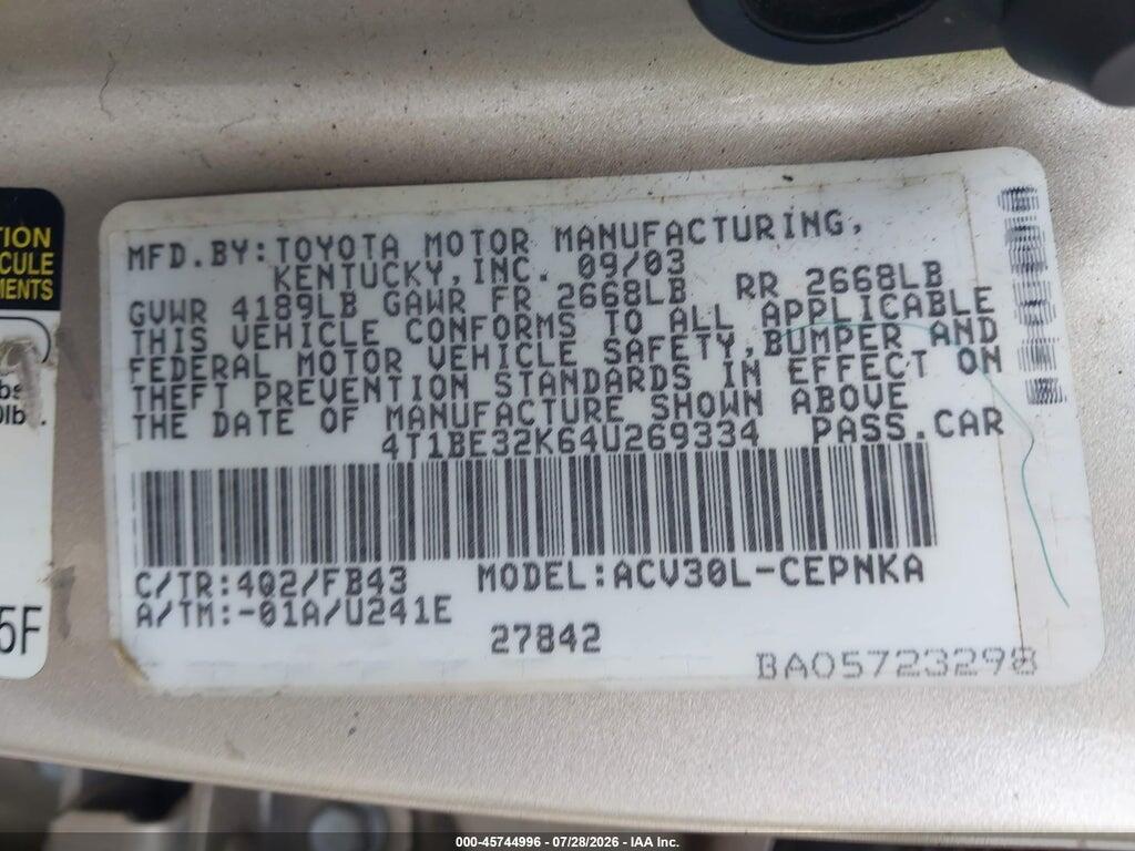 4T1BE32K64U269334 2004 TOYOTA CAMRY photo no. 9