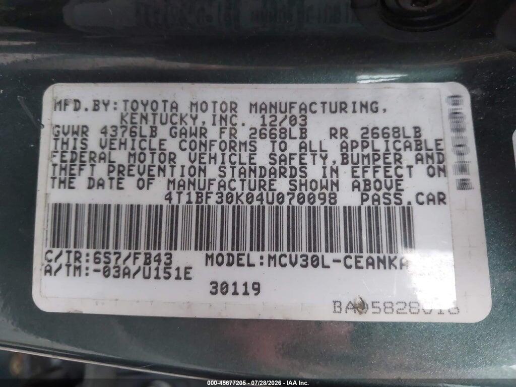 4T1BF30K04U070098 2004 TOYOTA CAMRY photo no. 9