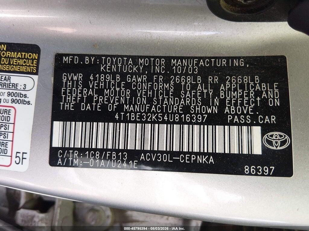 4T1BE32K54U816397 2004 TOYOTA CAMRY photo no. 9