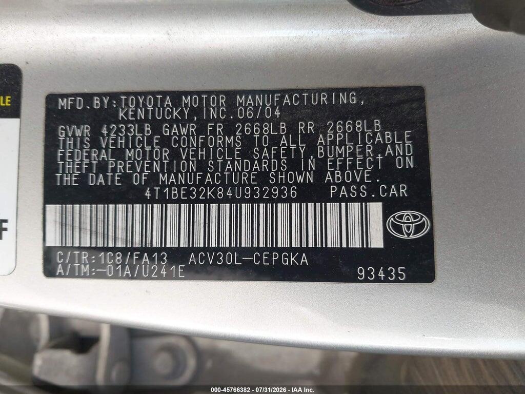 4T1BE32K84U932936 2004 TOYOTA CAMRY photo no. 9