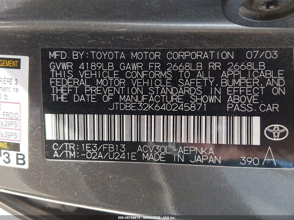 JTDBE32K640245871 2004 TOYOTA CAMRY photo no. 9