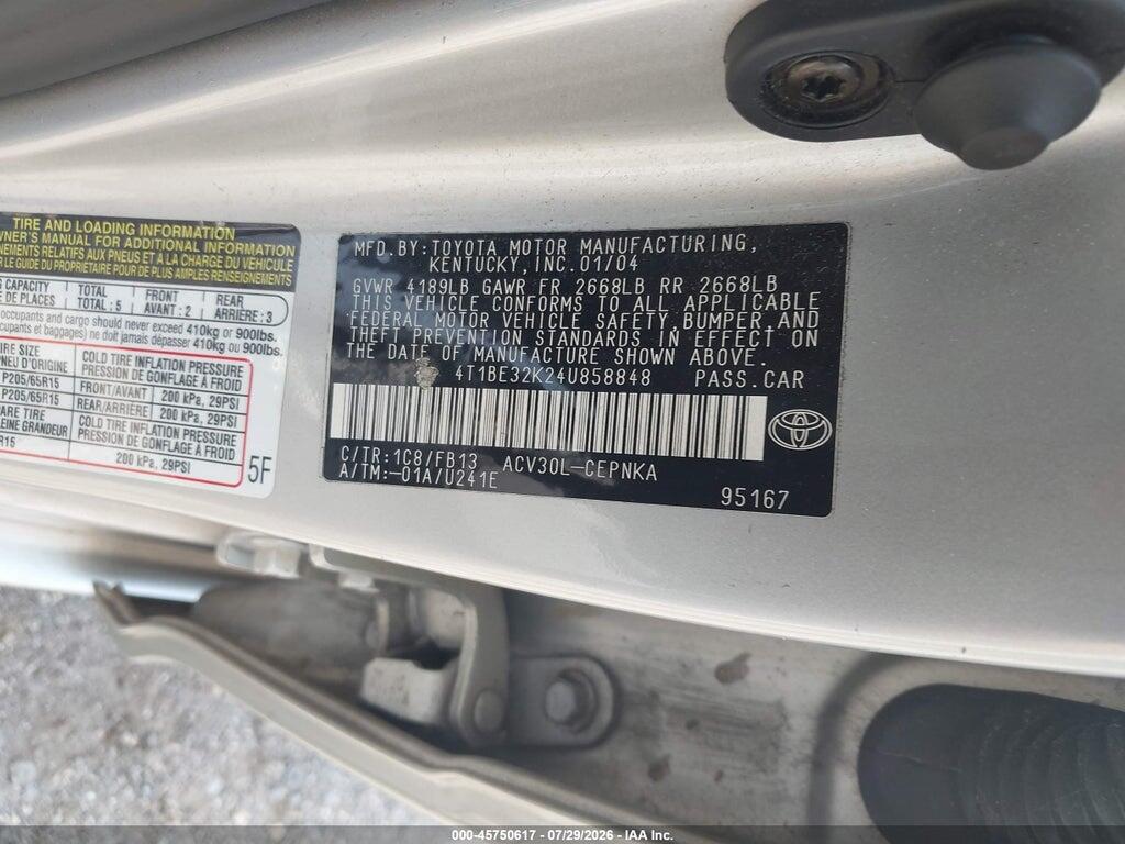 4T1BE32K24U858848 2004 TOYOTA CAMRY photo no. 9