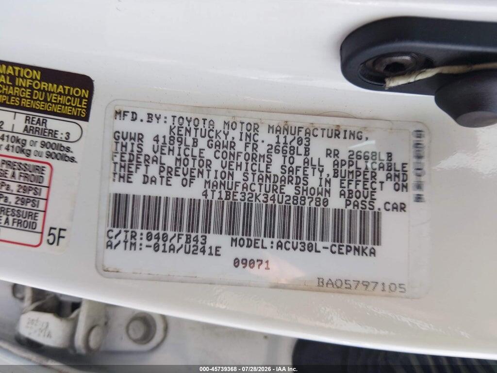 4T1BE32K34U288780 2004 TOYOTA CAMRY photo no. 9