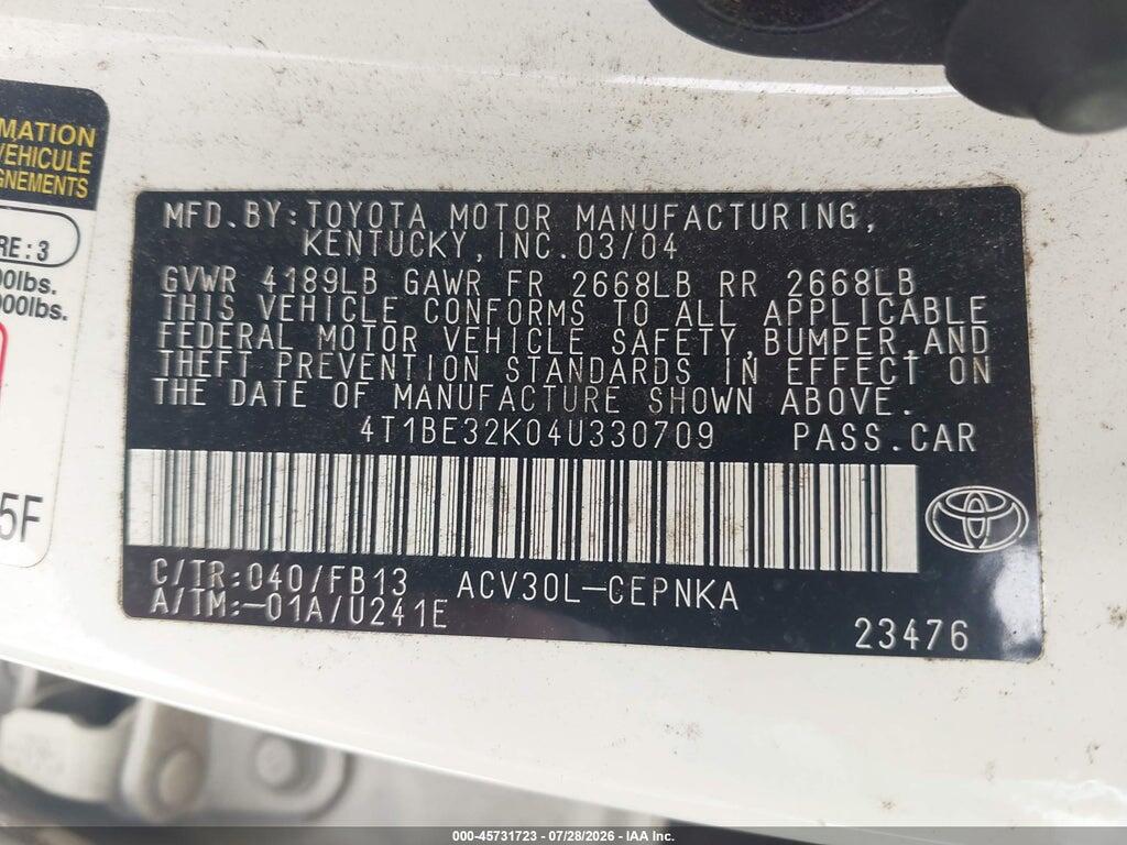 4T1BE32K04U330709 2004 TOYOTA CAMRY photo no. 9
