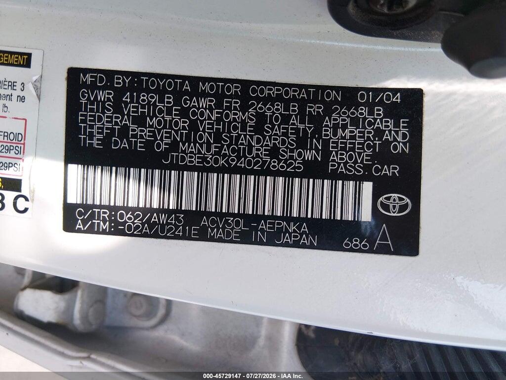 JTDBE30K940278625 2004 TOYOTA CAMRY photo no. 9