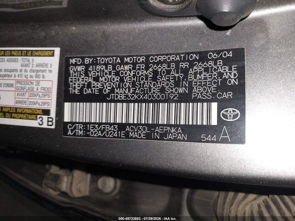 JTDBE32KX40300192 2004 TOYOTA CAMRY photo no. 9
