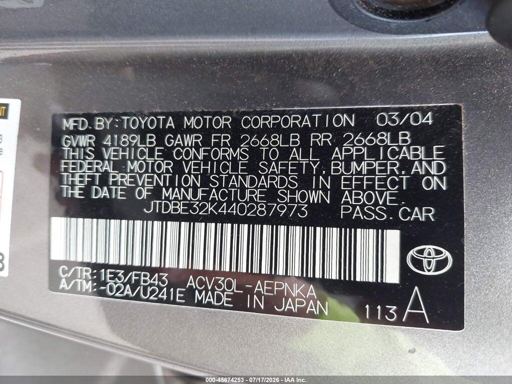 JTDBE32K440287973 2004 TOYOTA CAMRY photo no. 9