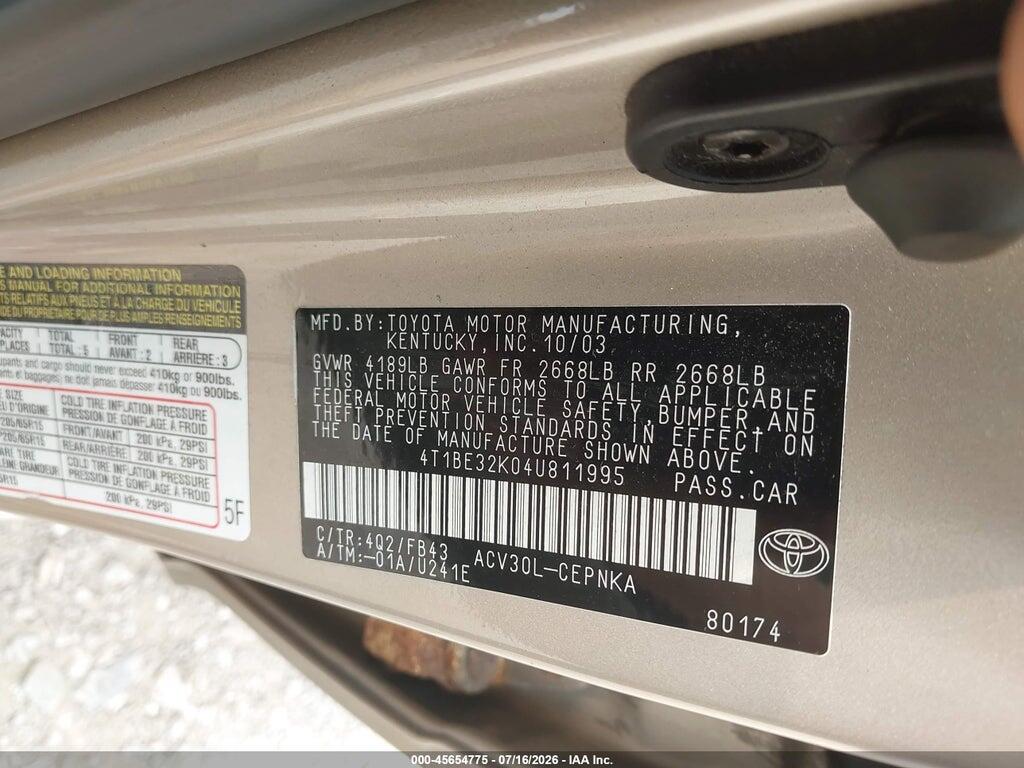 4T1BE32K04U811995 2004 TOYOTA CAMRY photo no. 9