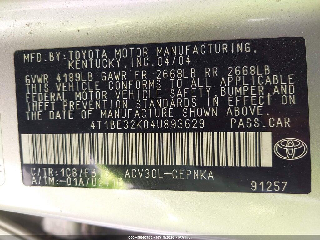 4T1BE32K04U893629 2004 TOYOTA CAMRY photo no. 9