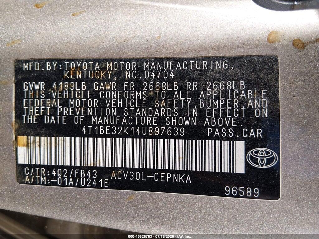 4T1BE32K14U897639 2004 TOYOTA CAMRY photo no. 9