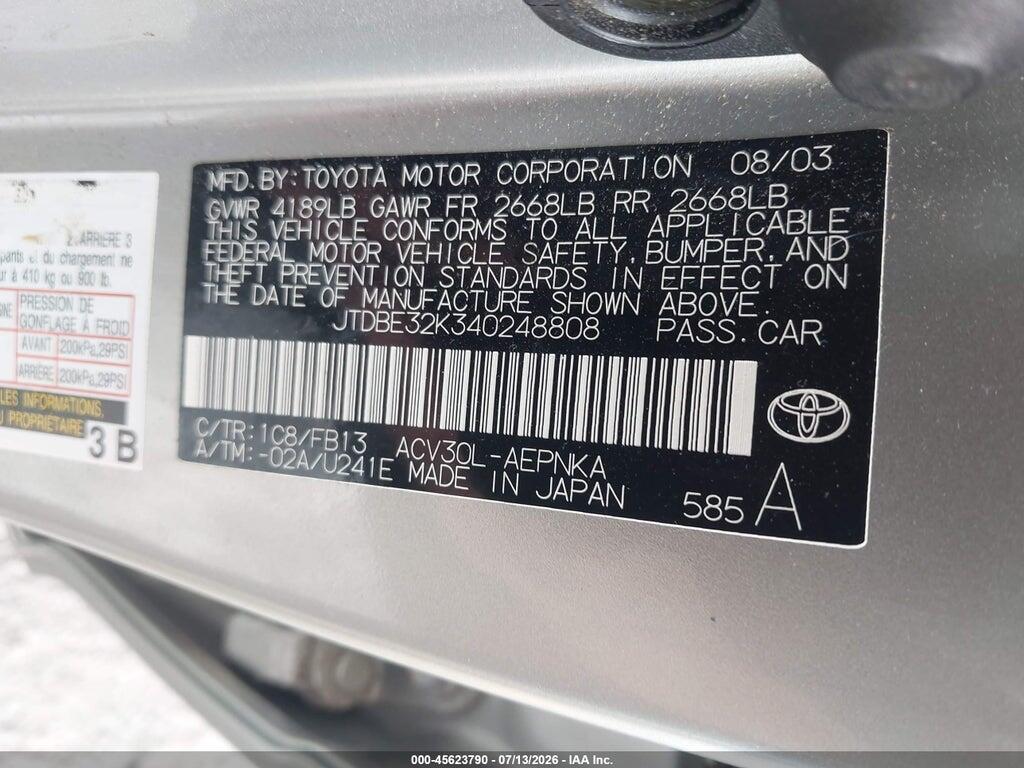 JTDBE32K340248808 2004 TOYOTA CAMRY photo no. 9