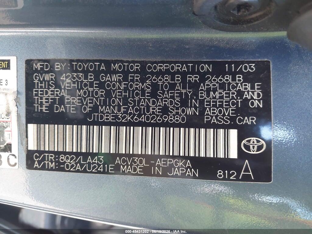 JTDBE32K640269880 2004 TOYOTA CAMRY photo no. 9