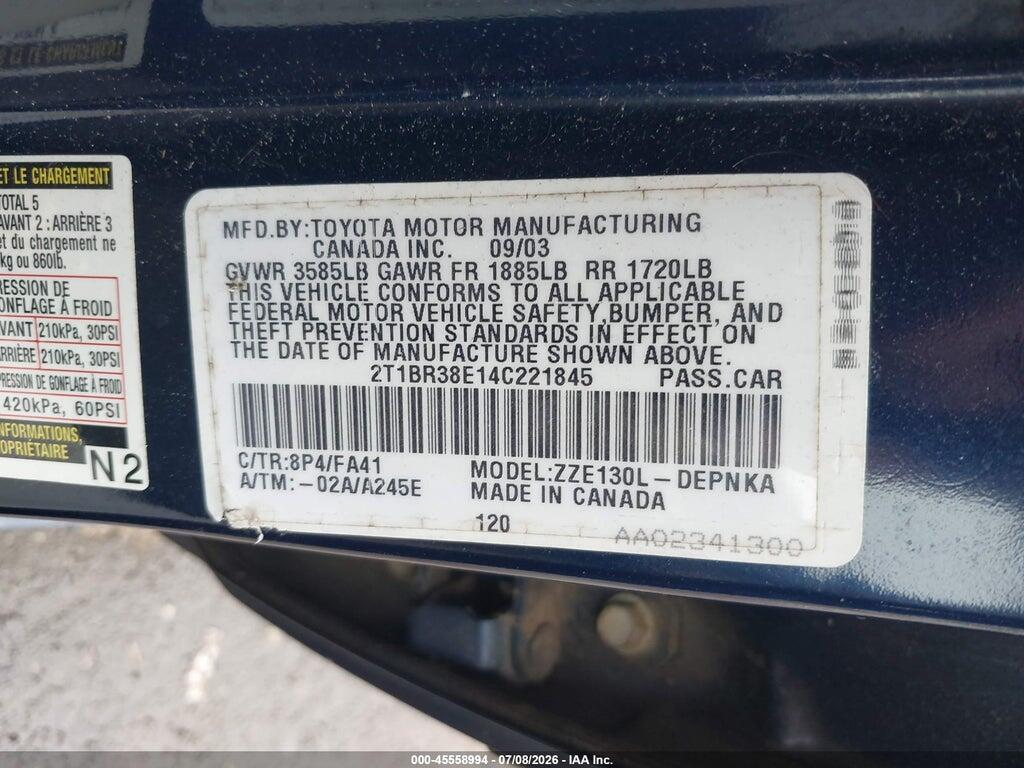 2T1BR38E14C221845 2004 TOYOTA COROLLA photo no. 9