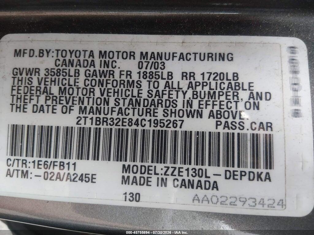 2T1BR32E84C195267 2004 TOYOTA COROLLA photo no. 9