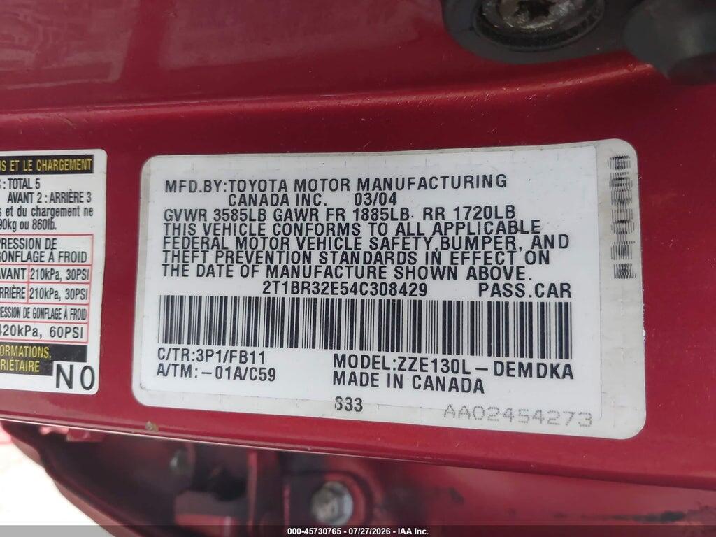 2T1BR32E54C308429 2004 TOYOTA COROLLA photo no. 9