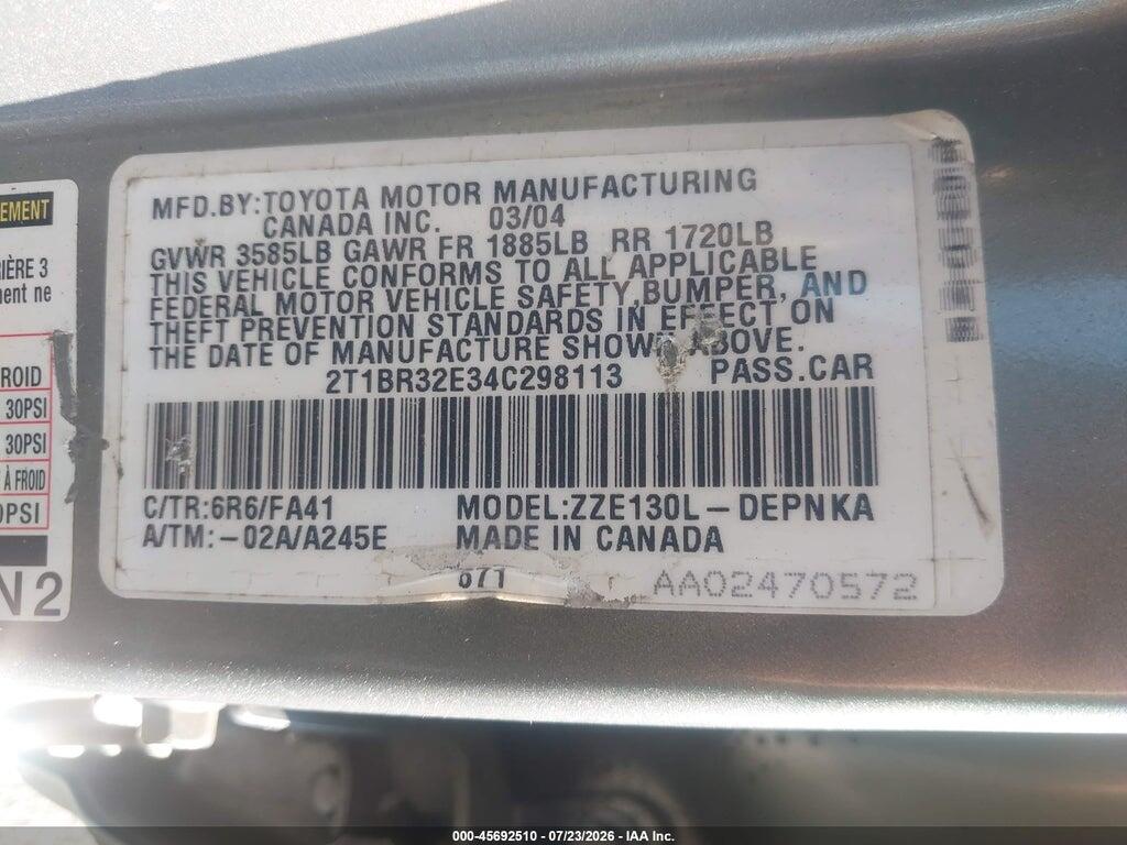 2T1BR32E34C298113 2004 TOYOTA COROLLA photo no. 9